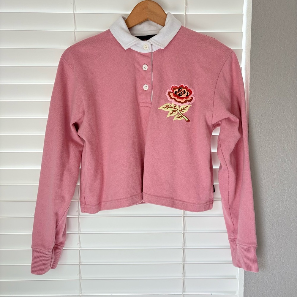 Rowing Blazers Women’s Pink Rose Cropped Rugby Polo Top Knit Sweater Size L